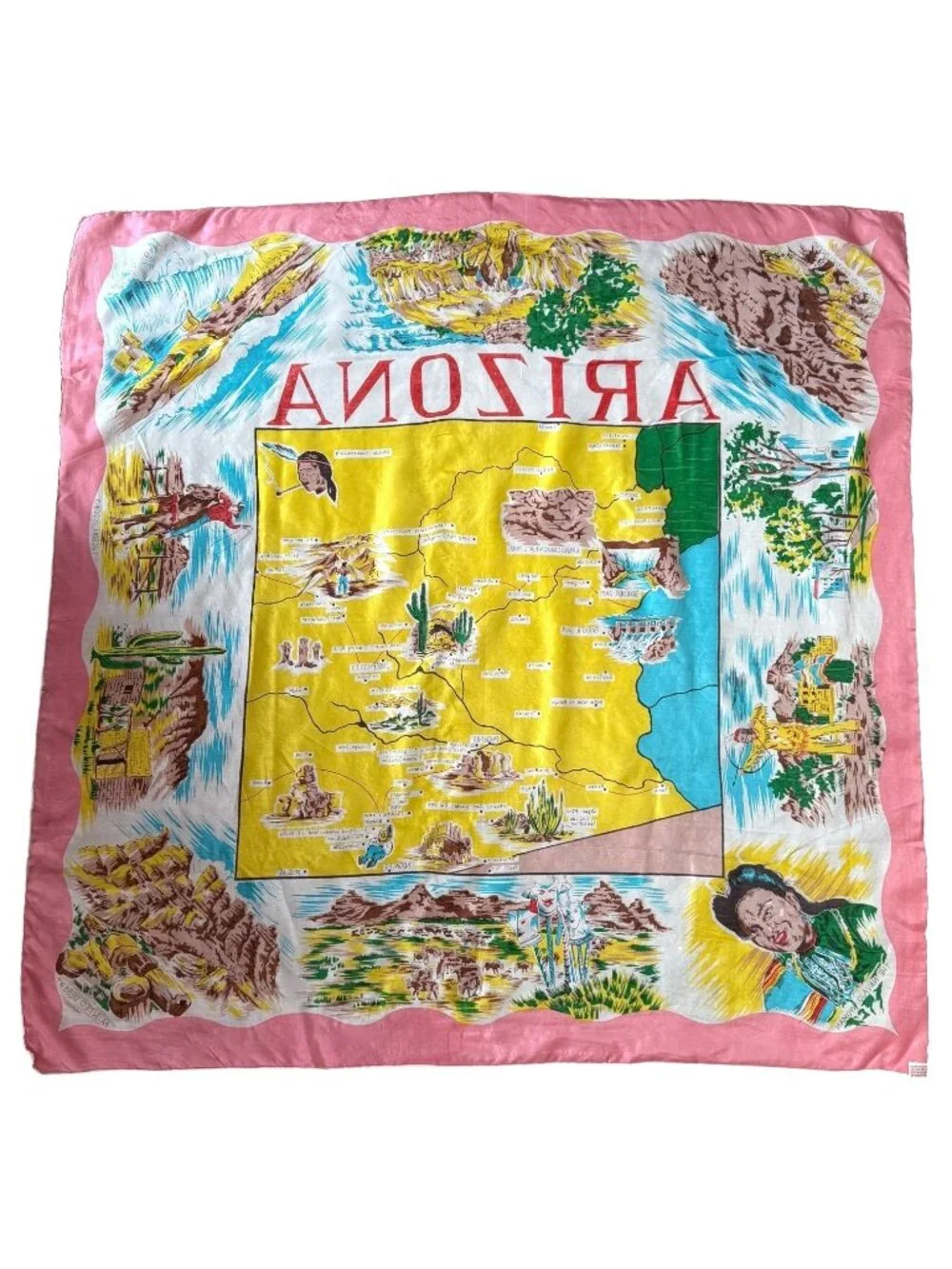 Vintage Arizona Souvenir Map Scarf Silk Blend Pink Border Hand Rolled Hem Japan